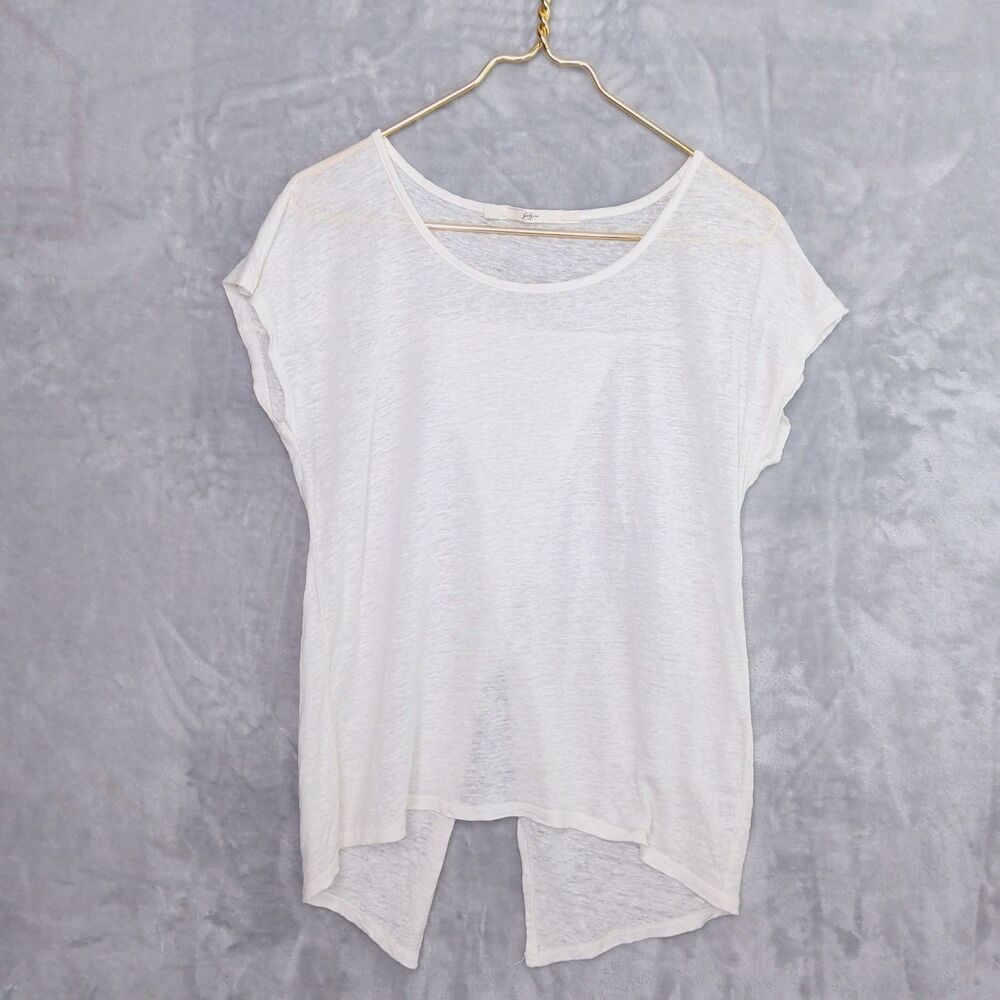 GIBSON Sheer White Linen Tee Size S Split-Back Beachy Lightweight Dolman Scoop